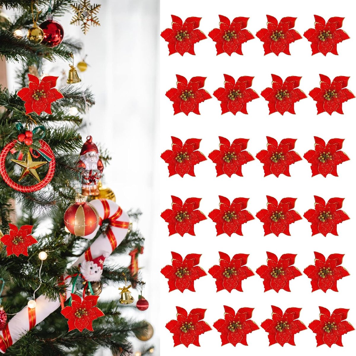 24 Stuks Kerstboomdecoratie, Glitter Kerstster, Bloemen, KunstKerstmis Ophangen, Boomversiering voor Bruiloft, Krans, Thuis, Doe-Het-Zelf Ornamenten (Rood)