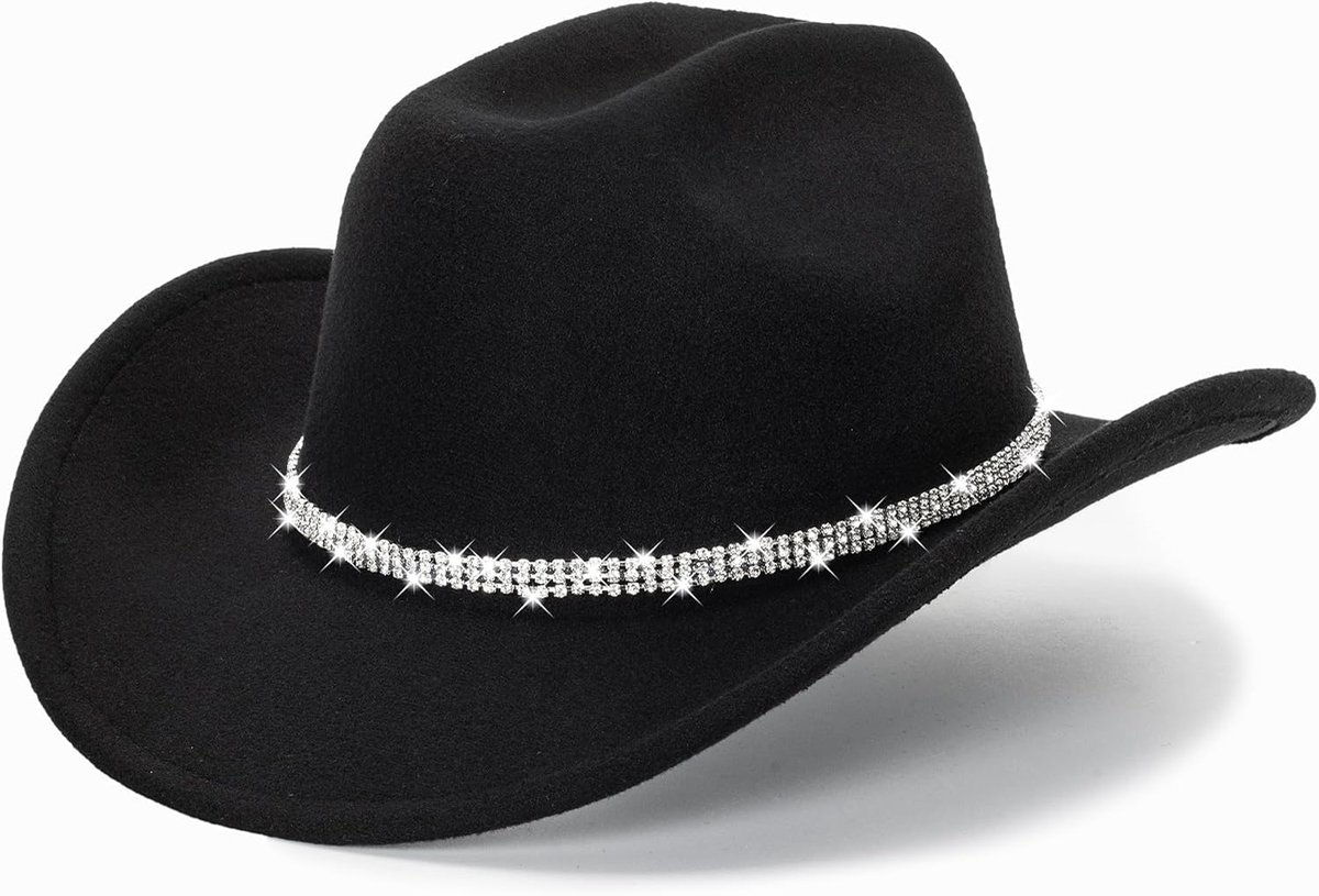 Zilver Zwart Cowboy Hoeden voor Vrouwen - Westerse Sparkly Strass Cowgirl Hoed voor Dames Maat M-L