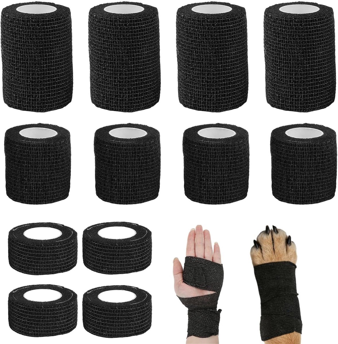 12 rollen zelfklevend verband, zelfklevende bandage, drie maten, fixeerverband (2,5 cm x 4,5 m, 5 cm x 4,5 m, 7,5 cm x 4,5 m), elastisch verband zelfklevend voor sport en eerste hulp, veterinair wrap