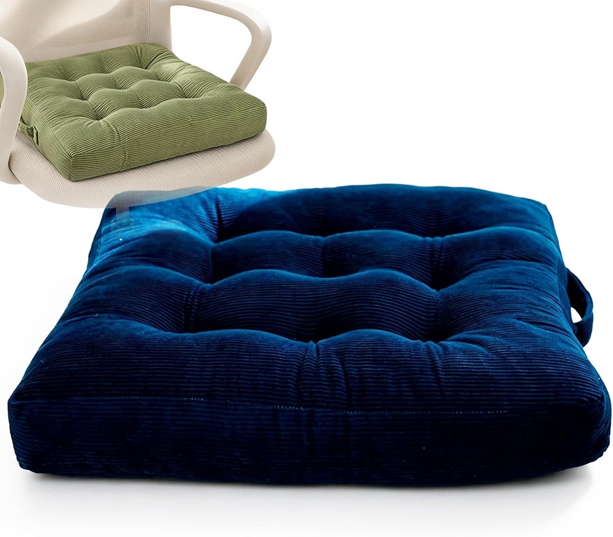 Draagbaar, met handvat, 40 x 40 cm, yogakussen om op de grond te zitten, getuft fluweel, vierkant vloerkussen, comfortabele stoelen voor keuken, barkruk en terras (donkerblauw)