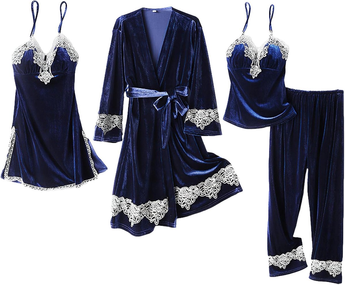 Katoenen pyjama met borduurwerk, 4 stuks, voor dames, badjas + jurk + broek, thermische winternachtkledingset, marineblauw, M
