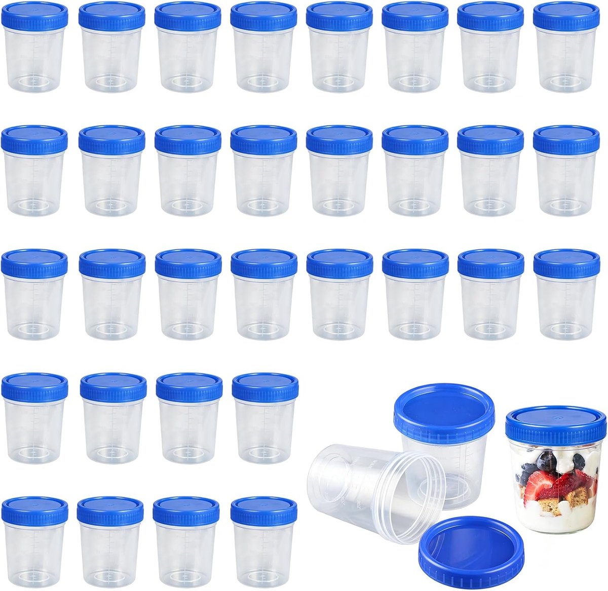 35 kleine plastic potjes met deksel, 120 ml schaal, blauw en rood