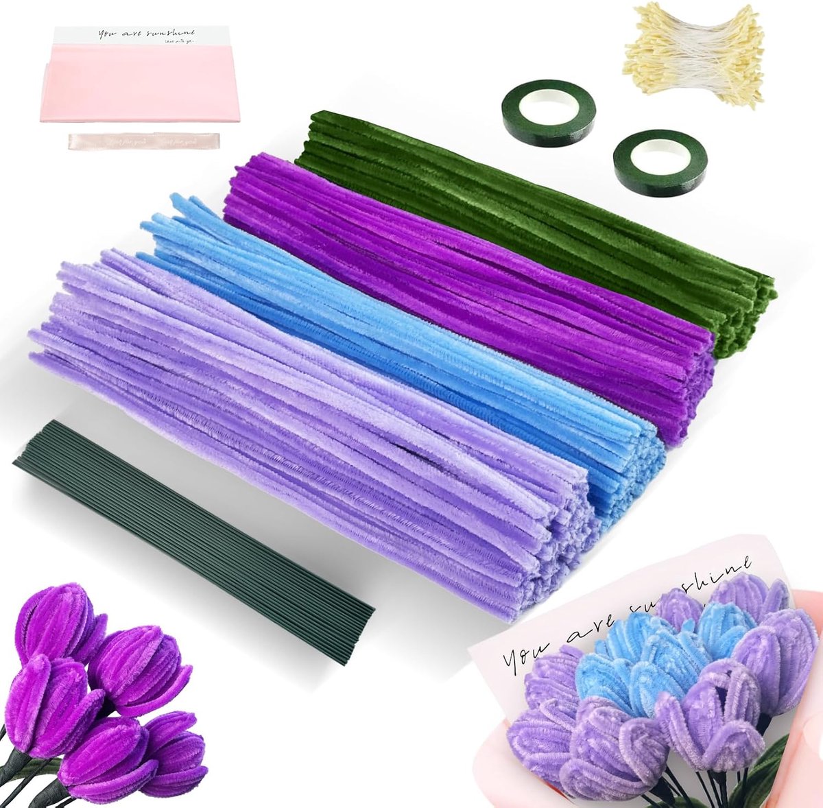 Pijpenrager om te knutselen, 425 stuks in 4 kleuren, boeket, pijpenrager, om te knutselen, met groen knutseldraad, cadeaupapier, cadeaulint, plakband, bloemen stofblad