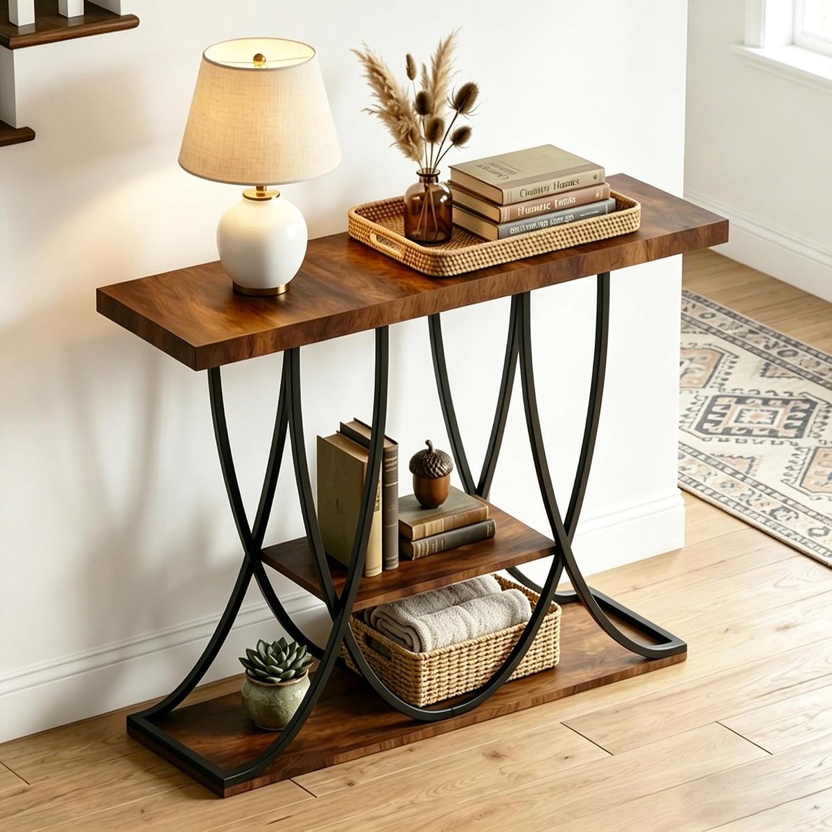 Consoletafel 3 Etages met Gebogen Metalen Frame, Zwart