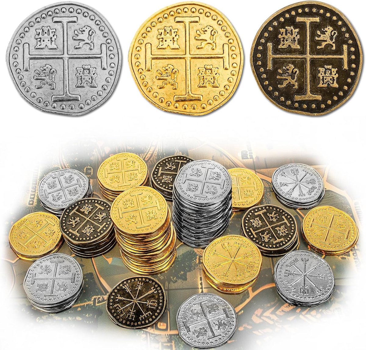 100 stuks metalen piraat token munten set, realistische schat Spaanse valuta munten voor piraat schat borst schat jacht cosplay speelgoed bordspel