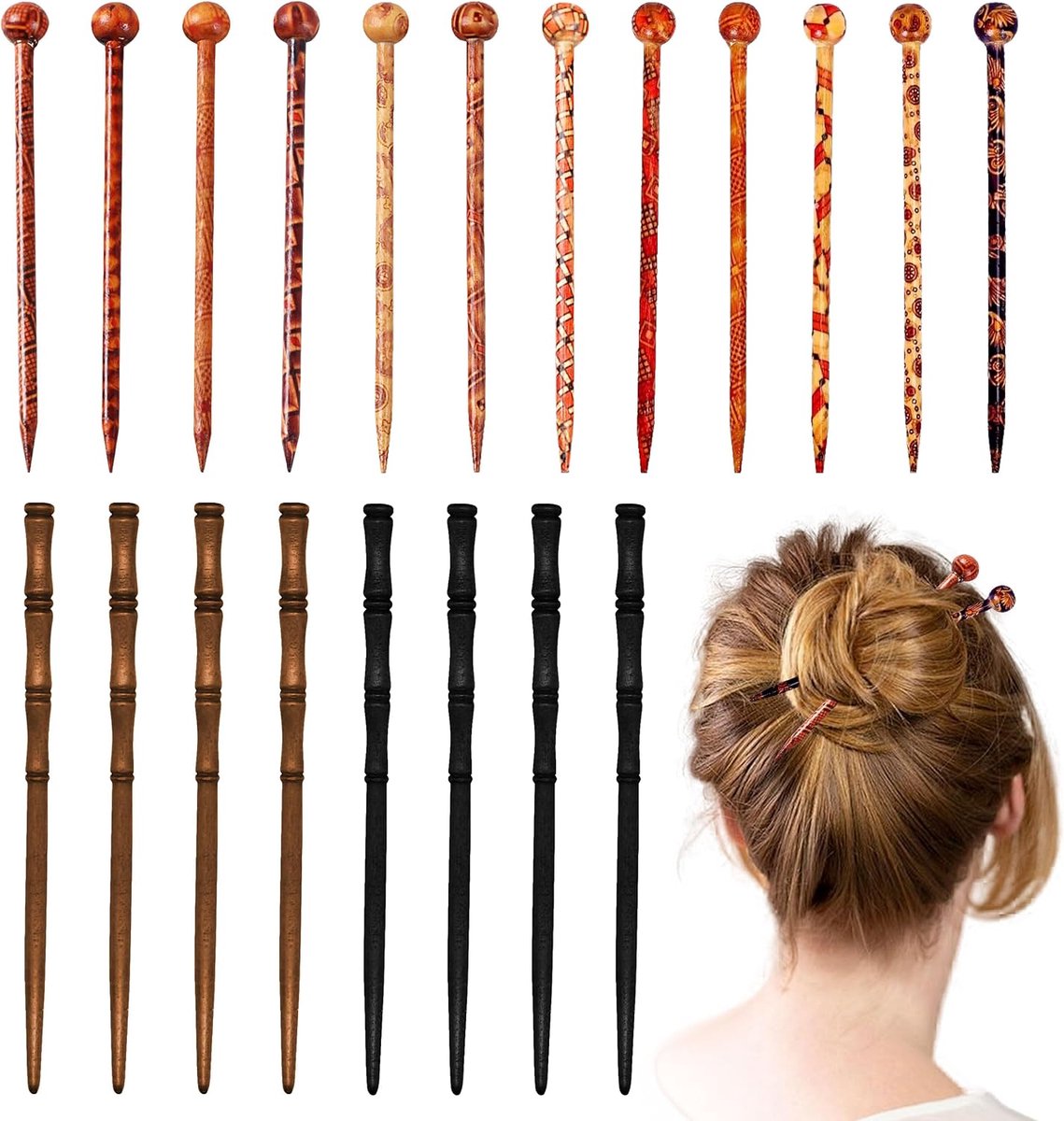 20 Stuks Houten Haarspeld, Vintage Houten Haarstokjes, Retro Haarspeld Chinese Haarspelden voor Knotjes en Opsteekkapsels bij Dames