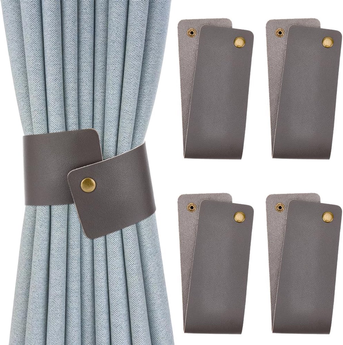 Gordijnhouders van PU-leer, vintage stijl, grijs, met drukgesp voor thuis, woonkamer, slaapkamer of kantoor.
