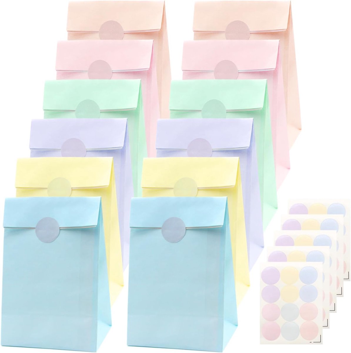 Papieren geschenkzakjes 30 stuks - pastelzakjes voor feestgeschenken en snoepjes met 48 afdichtingsstickers, bulk kleine goodiezakjes voor verjaardag, babyborrel, bruiloft (13 x 7,9 x 23,9 cm)