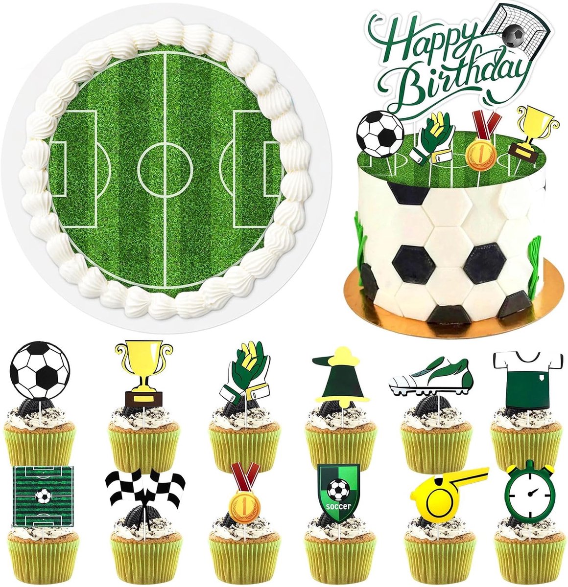 Voetbal Taartdecoraties, Voetbal Cupcake Toppers, Voetbal Cupcake Toppers als Verjaardagsdecoratie voor Verjaardagsfeestjes, vieringen, taartdecoratie