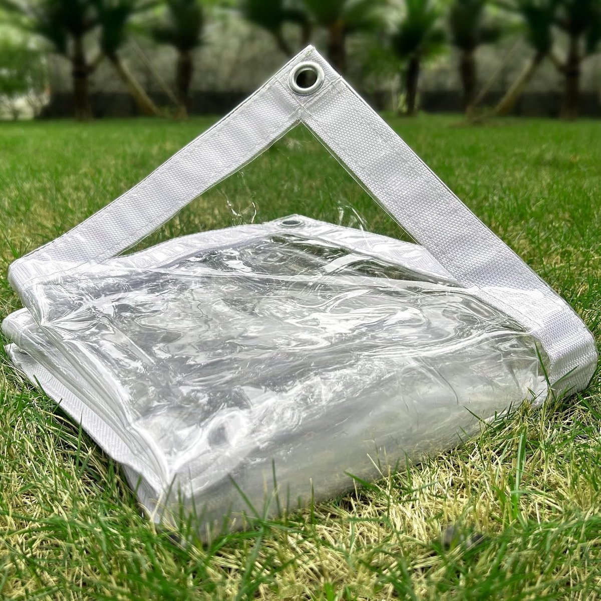 Zeildoek 2,44 x 3,65 m, 500 g/㎡ PVC Transparant Waterdicht Zeildoek, Scheurbestendig en UV-Bestendig, Duidelijke Zeildoek met Oogjes Kan in de Tuin Worden Gebruikt