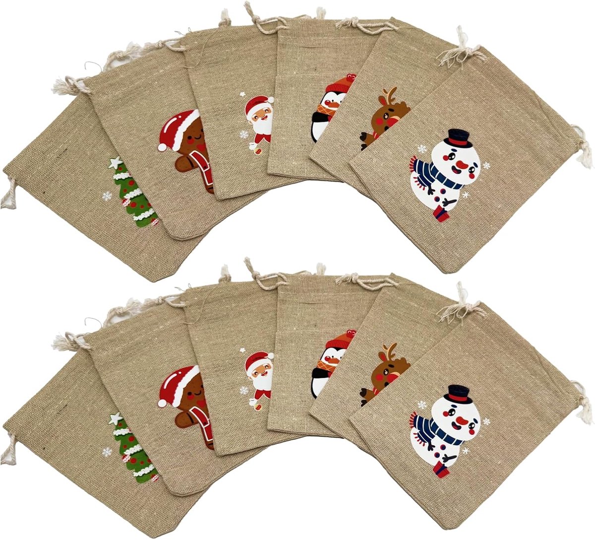 Set van 12 jute kerstzakjes met trekkoord, kleine Hessische cadeauzakjes voor kerstfeesten, snoep en feestgeschenken, 10 x 15 cm