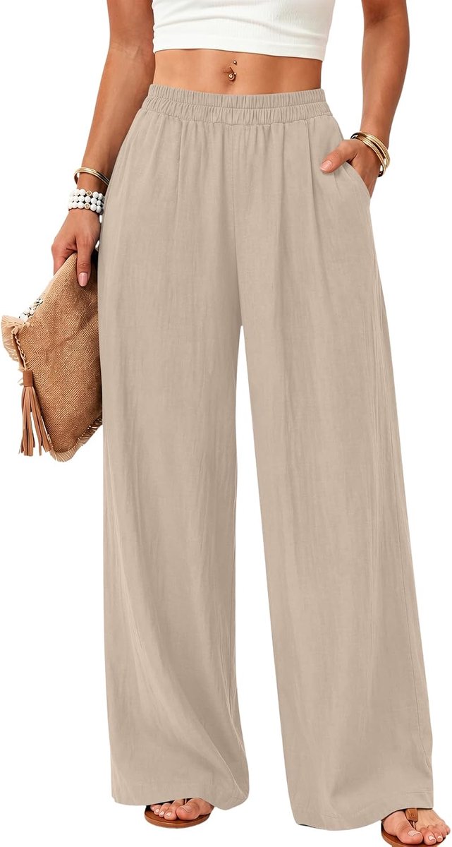 Linnen broek dames wijde pijpen pull on zomerbroek met zakken