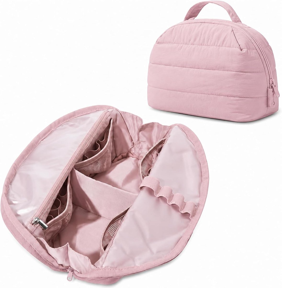 Cosmeticatas voor dames, draagbare, opvouwbare make-uptas en toilettas voor dames, gevoerde waterafstotende make-uptas voor toiletartikelen, penselen, reizen, roze, mode