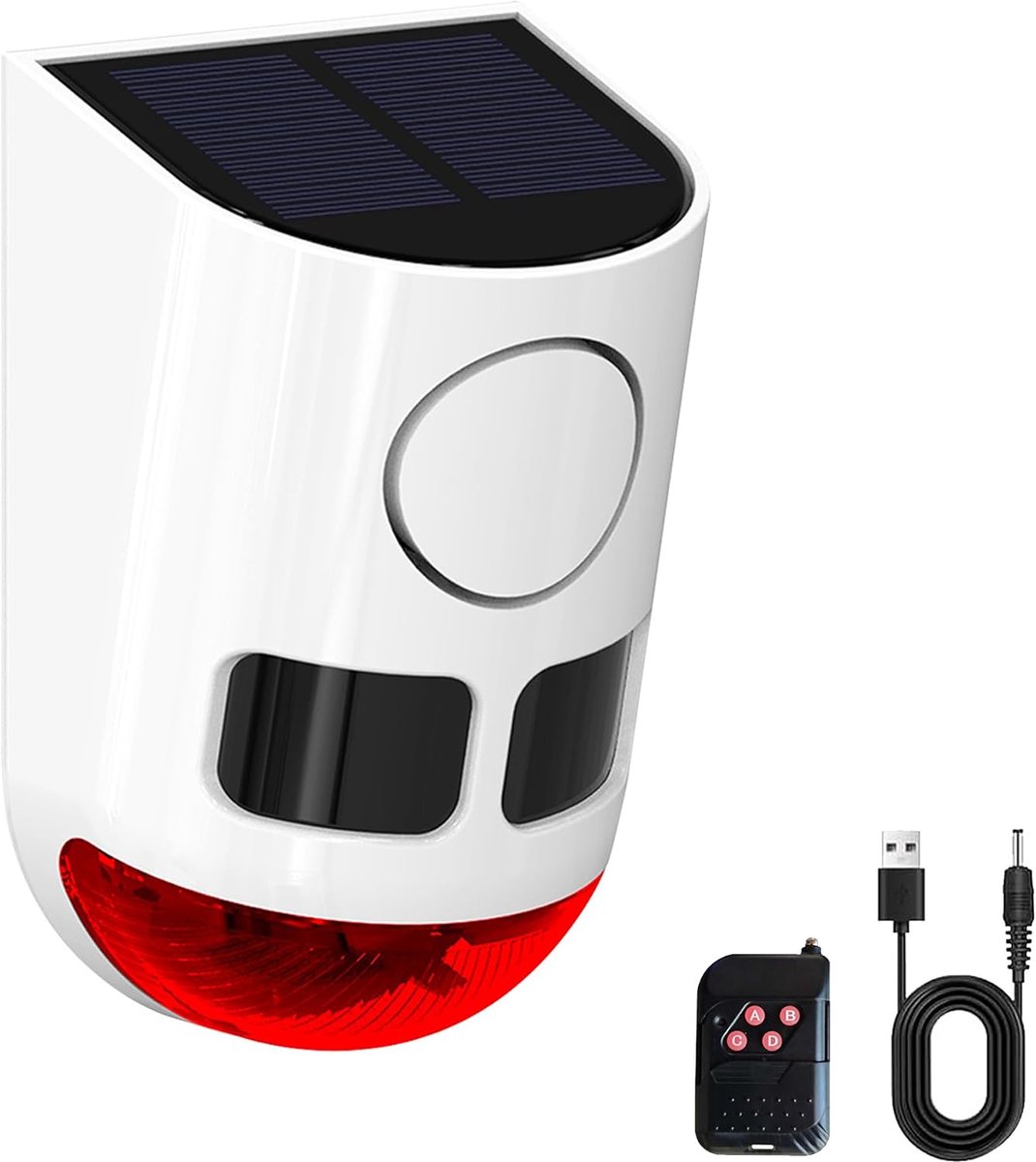 Bewegingsmelder op zonne-energie, 110 dB, luide geluidsmaker, 4 werkmodi, stroboscooplicht met USB voor thuis, villa, binnenplaats, kippenhok, boerderij, schuur (1 Pack)
