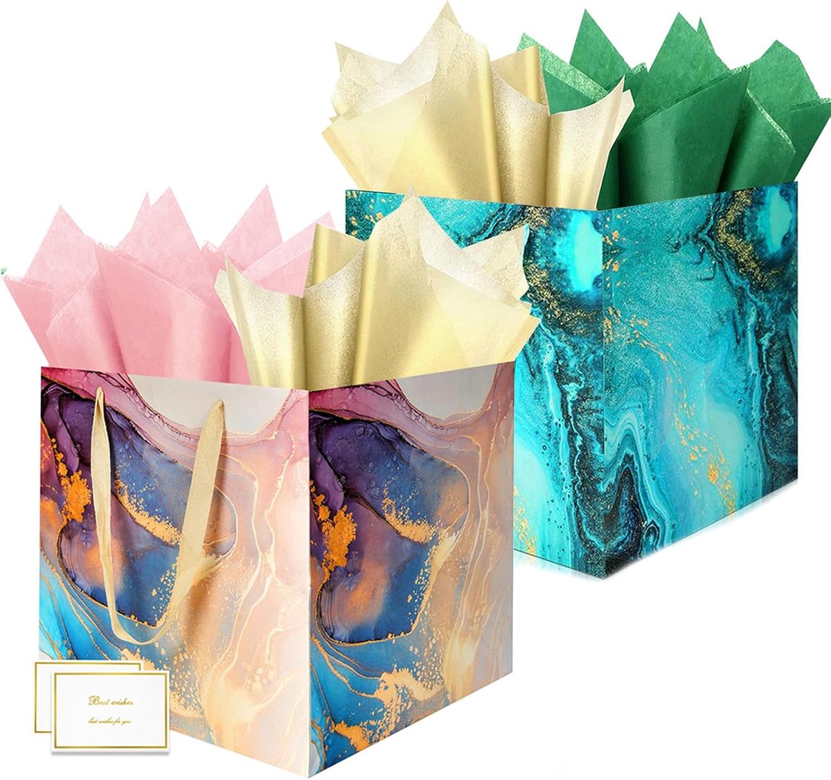 2 extra grote geschenkzakken, 11,8 inch vierkant, herbruikbaar, marmerlook