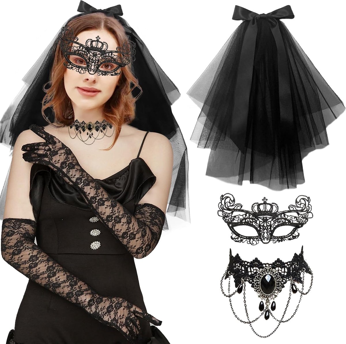 Accessoires, kanten ketting, vintage choker, Halloween sluier, gothic nethandschoenen, kanten masker, Halloween gothic accessoires, dames voor Halloween carnaval