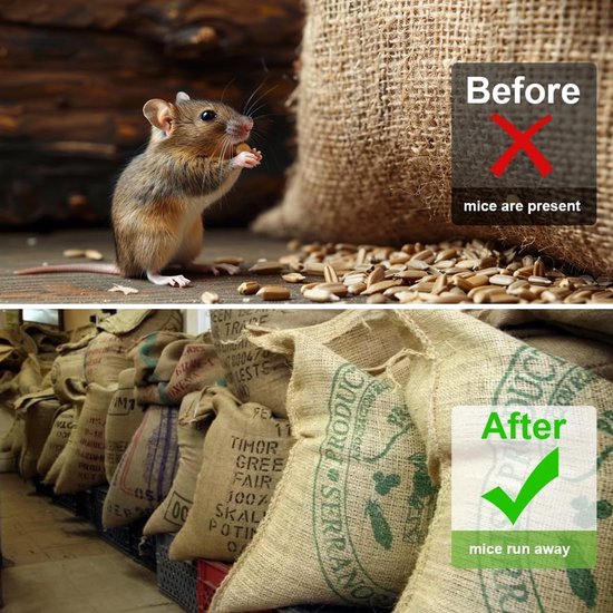 Bovenste afbeelding: een muis eet zaden, met een rode kruis-sticker en tekst 'Before mice are present'. Onderste afbeelding: rij zakken van jute met de tekst 'After mice run away' en een groene vinkje-sticker.