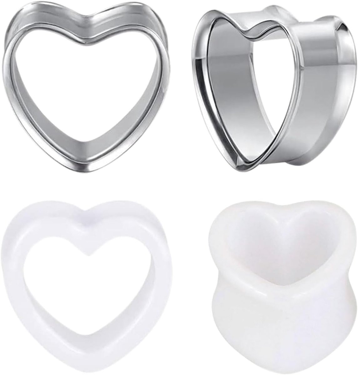 Tunnels met 4 hartjes, chirurgisch staal, acryl, 8-22 mm, zilver, oorplug, expander-piercing, voor dames en heren