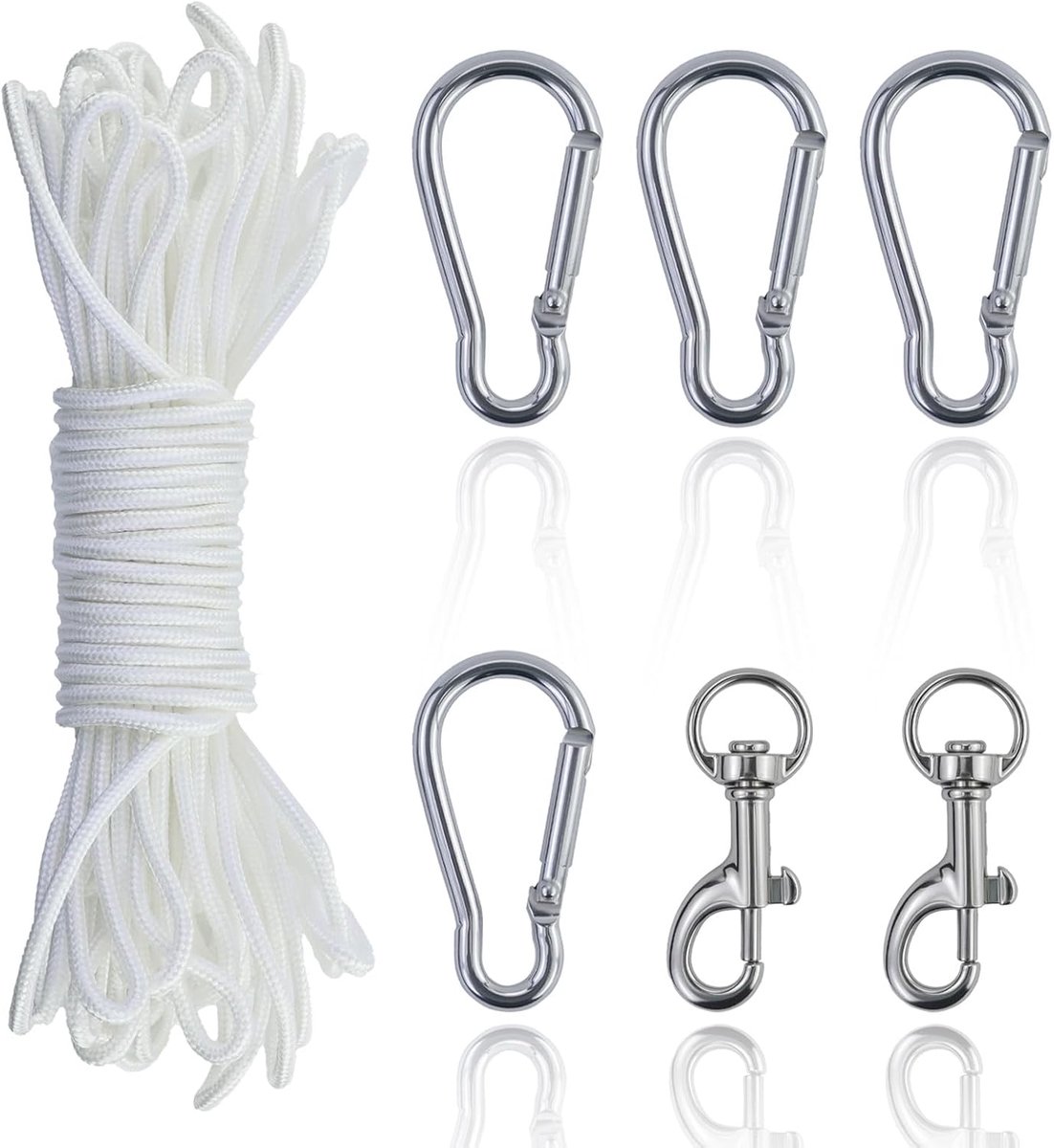 20 m vlaggentouw, wit nylon koord, weerbestendig vlaggentouw met 4 karabijnhaken en 2 stuks geweergespen, voor tuin, camping, outdoor sport