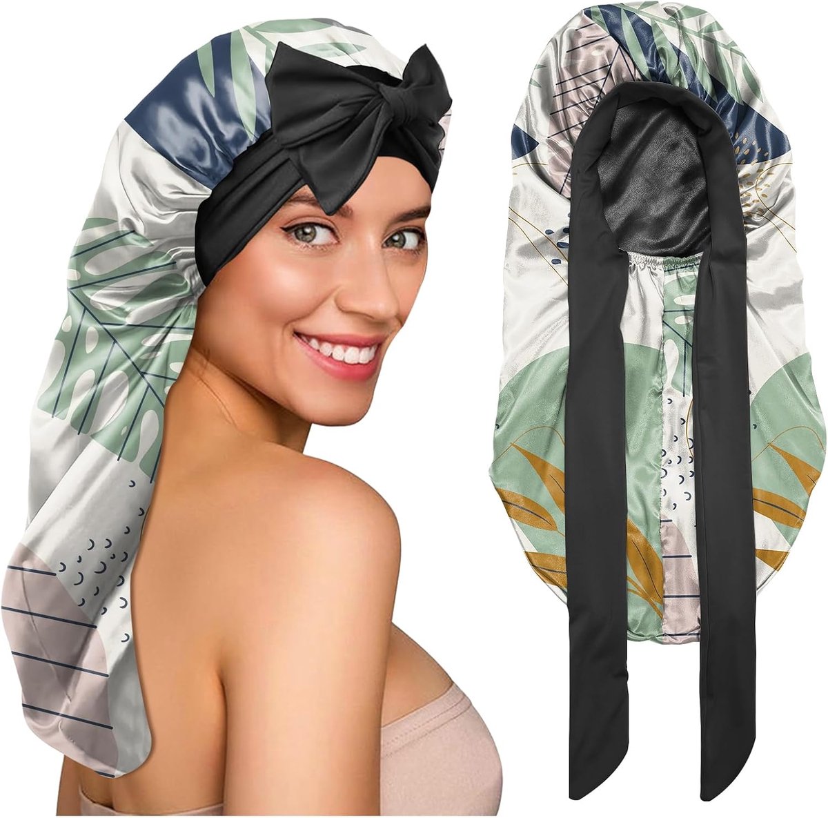 lange satijnen bonnet om te slapen, verstelbaar, dubbellaags, elastisch, herbruikbaar, lang haar, schattig, esthetisch voor vrouwen en meisjes