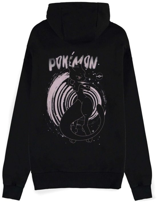 Zwarte hoodie met op de achterkant een roze print van Pokémon Mewtwo met 'Pokémon' erbij.