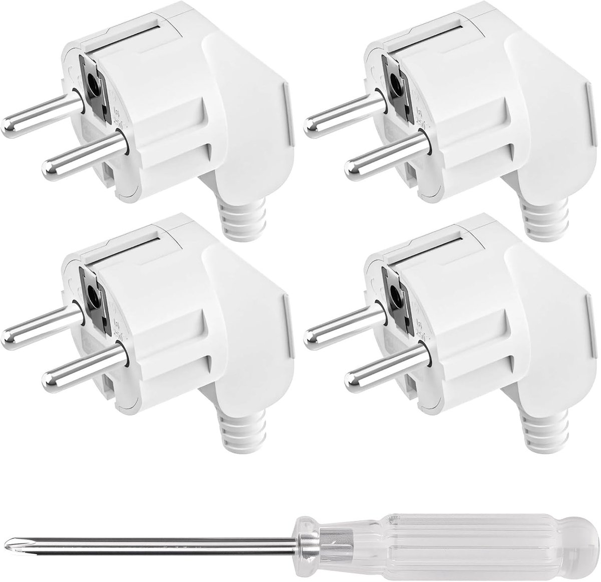 4 Stuks Euro Plug en Schuko Plug Hoekmodel, 16 A, 250 V, Wit, Ideaal voor Thuisgebruik