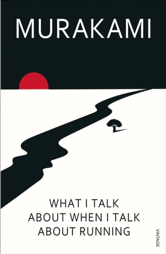 Boekomslag met de titel 'What I Talk About When I Talk About Running' van Murakami. Zwart vlak met rode zon, witte ondergrond met schaduw van een gezicht en een weg.