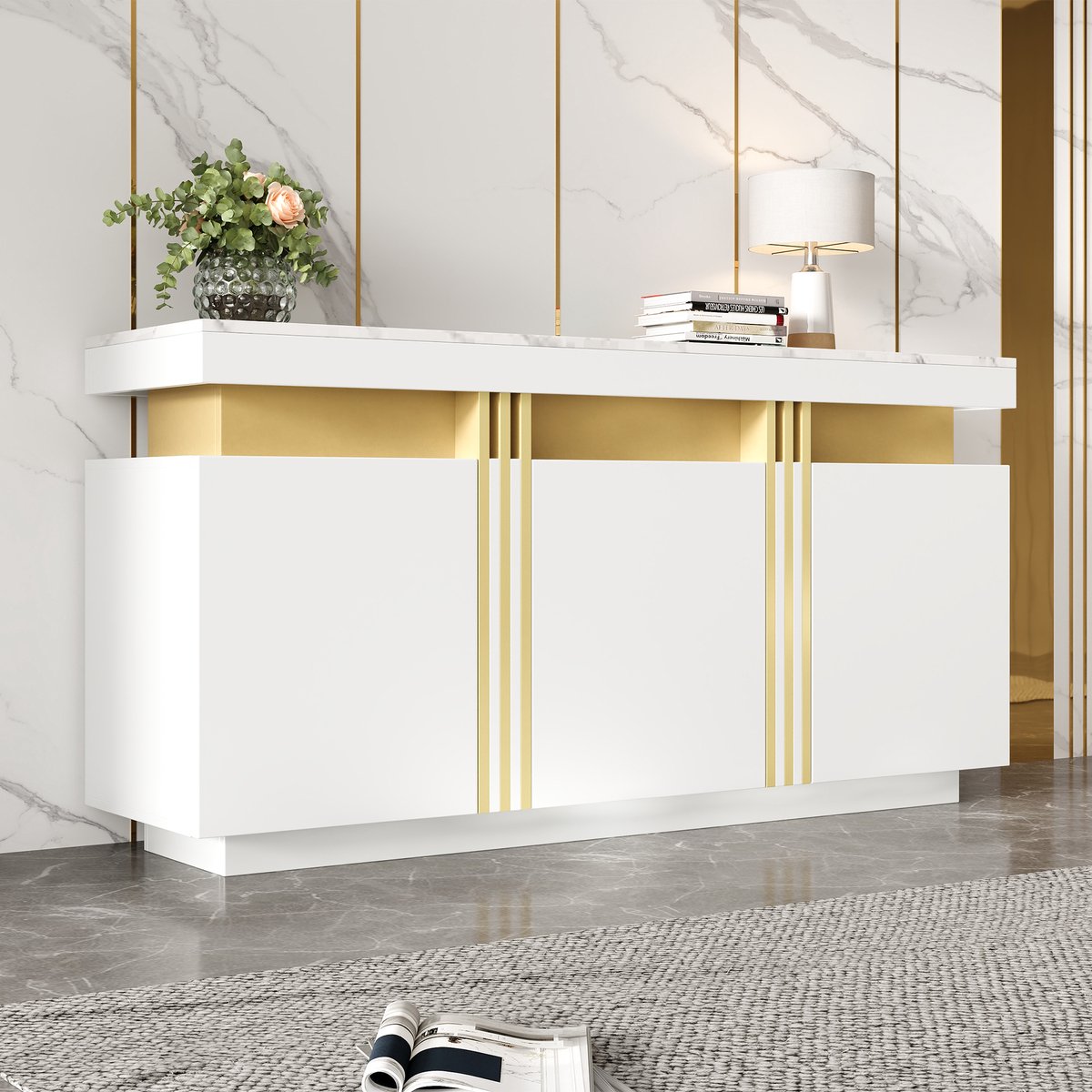 Pugsdrly modern wit dressoir 140 cm x 38 cm x 70 cm 3 deuren eetkamerkast met verstelbare scheidingswanden perfect voor keuken woonkamer eetkamer hal platina naden brede greepvrije kastdeuren