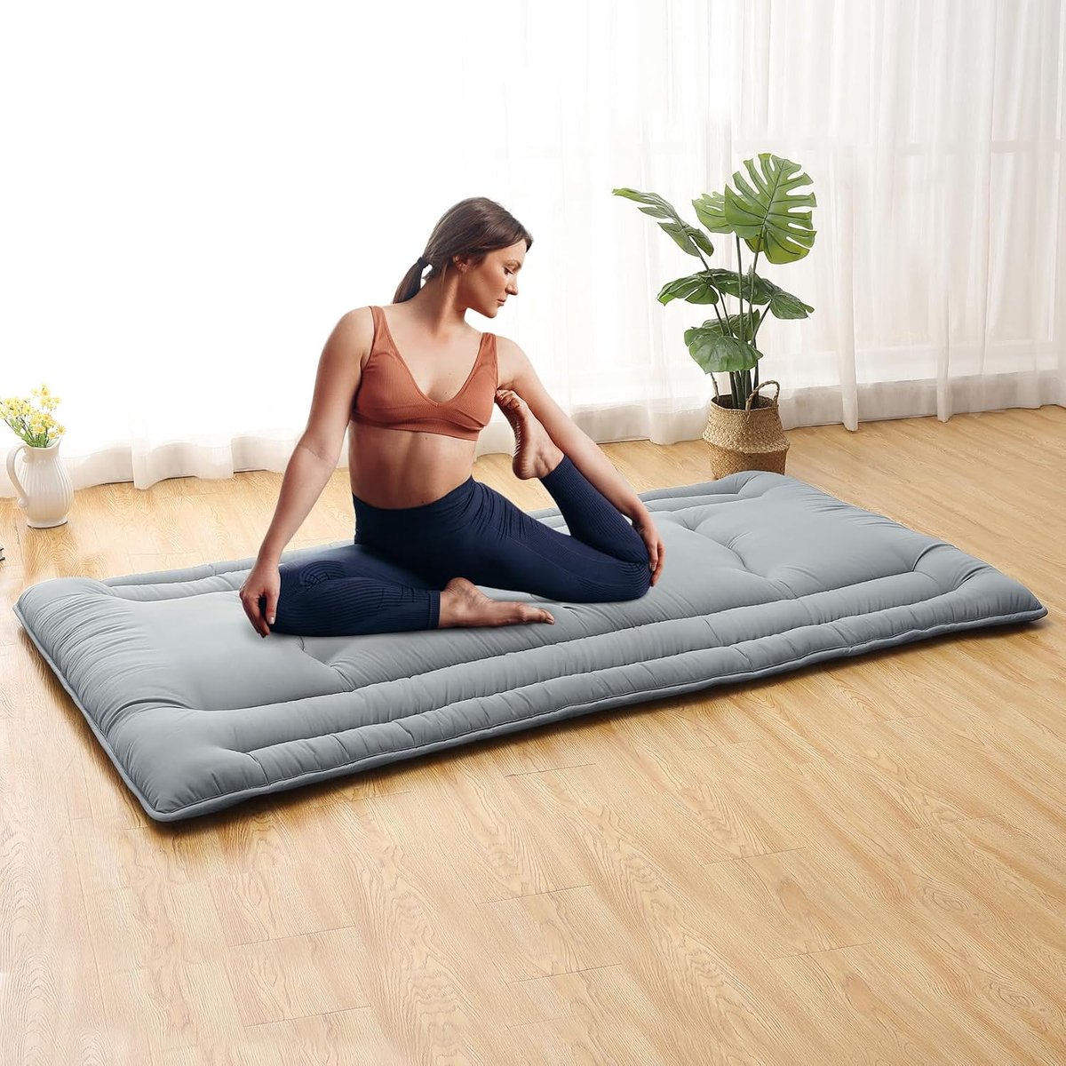 5-laags dik tatami-vloerbed – draagbare oprolbare slaapmat – voor kamperen, camper, studentenhuis, yoga, kinderspel – 203 × 99 × 10 cm – lichtgrijs