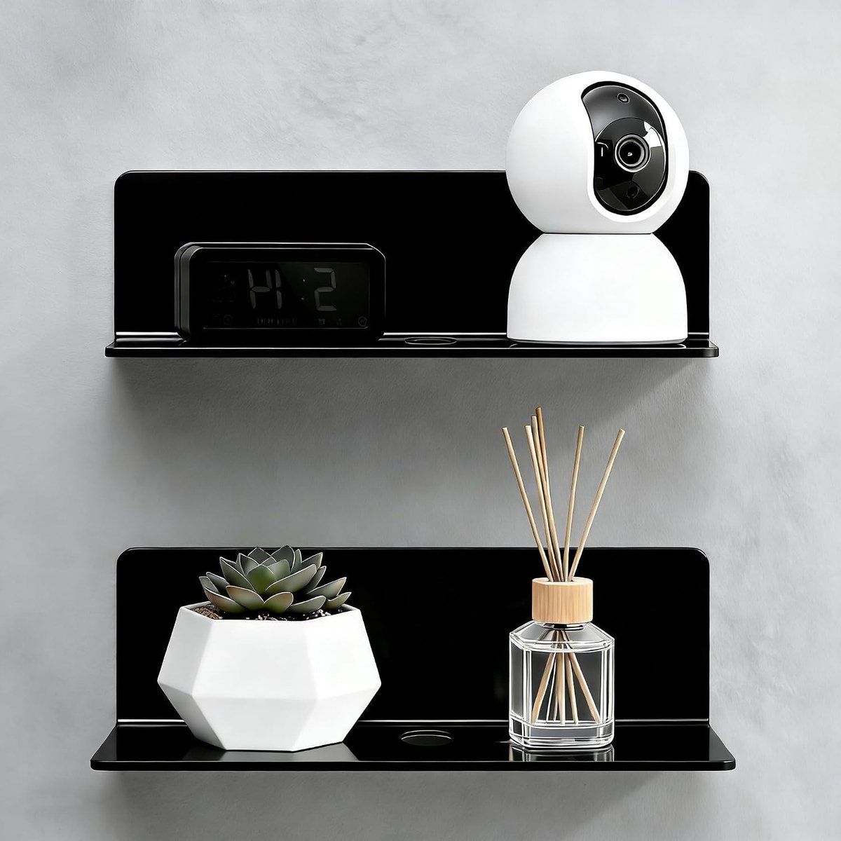 Set van 2 Kleine Wandplanken in Zwart, Mini Plank van Acryl zonder Boren, Ideaal voor Badkamer, Slaapkamer en Woonkamer met Kabelgat en Ruimtebesparend Ontwerp