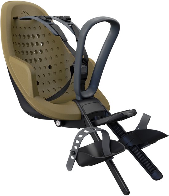Siège enfant Thule Yepp 2 mini vert noisette avec assise marron et sangles noires.