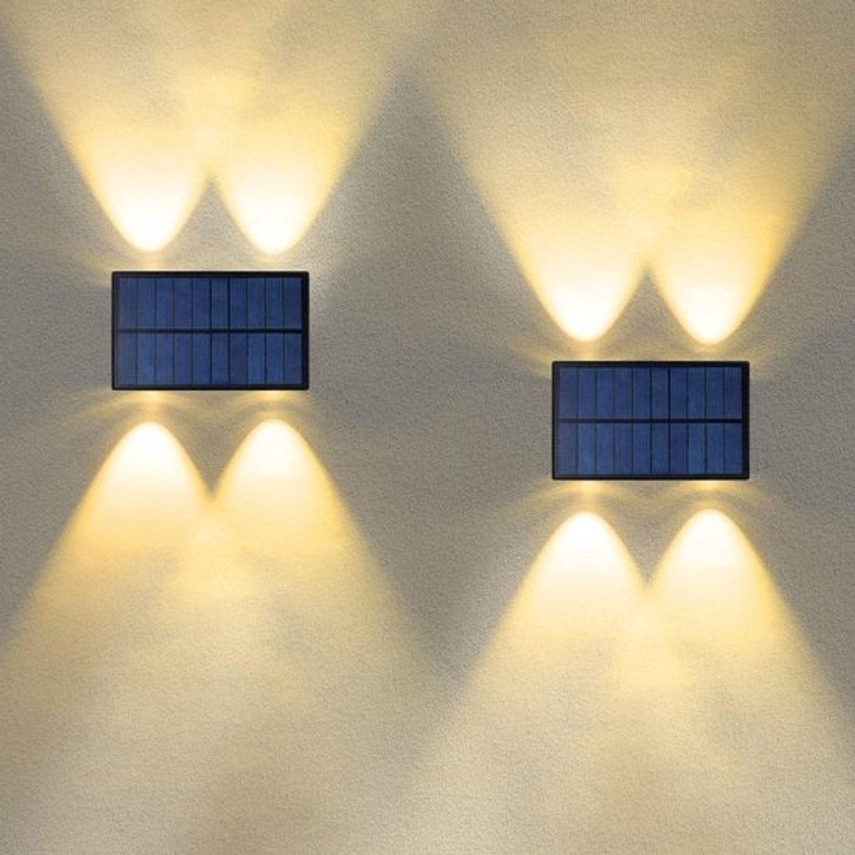 Set van 2 Solar Wandlampen Buiten: Up & Down Verlichting, Warm Wit Licht, IP54 Waterdicht voor Tuin en Beveiliging