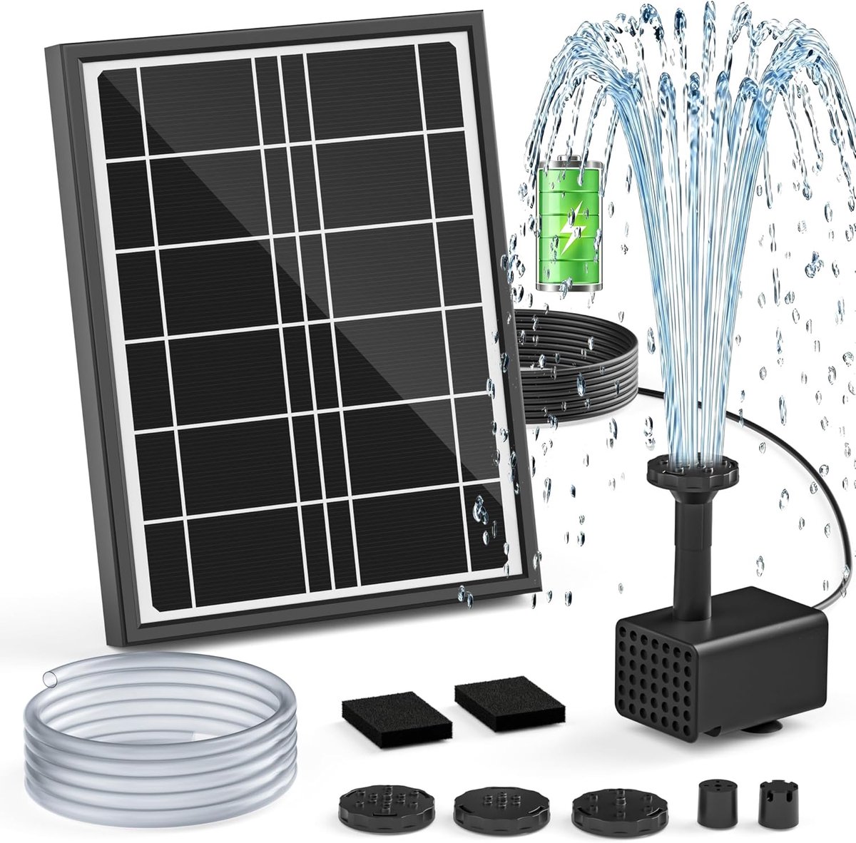 Fonteinpomp op zonne-energie, 4 W zonne-waterpomp met 2000 mAh batterijondersteuning, 5 sproeimodi en 1,2 m pvc-slang, fontein op zonne-energie voor vogelbad, tuinvijver en waterspel buiten