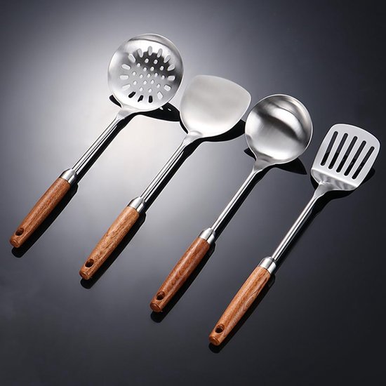4-delig, wokspatel, pollepel, sleuflepel en spatel, gereedschapsset, 304 roestvrijstalen keukengerei, houten handvat, vaatwasmachinebestendig (zilver) — afbeelding 5