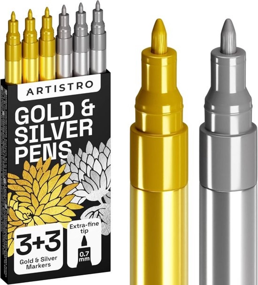SnelShoppen - Metallic Acryl Stiften Marker Set voor Hout, Steen, Glas, Keramiek, Textiel, Canvas, Metaal - 6 Stuks met 3 Gouden en 3 Zilveren Waterba