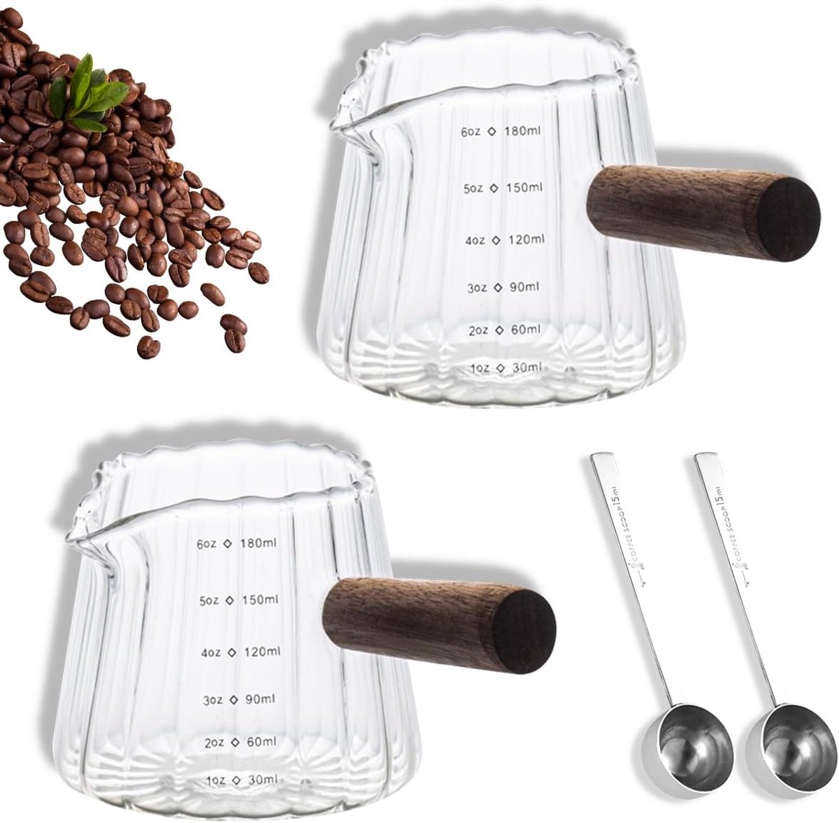 Maatbekers met houten handvat, 180 ml shotglas maatglazen met 2 koffielepels, V-vormige schenktuit en schaal, kleine heldere espressokopjes, melkkannetje