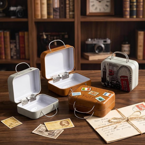 Mini-koffer, metalen koffer, set van 2, retro decoratieve koffer, 7,5 x 5,5 x 3,5 cm, reisvoucherverpakking, geldcadeau, vouchers, retro spaarpot — afbeelding 3