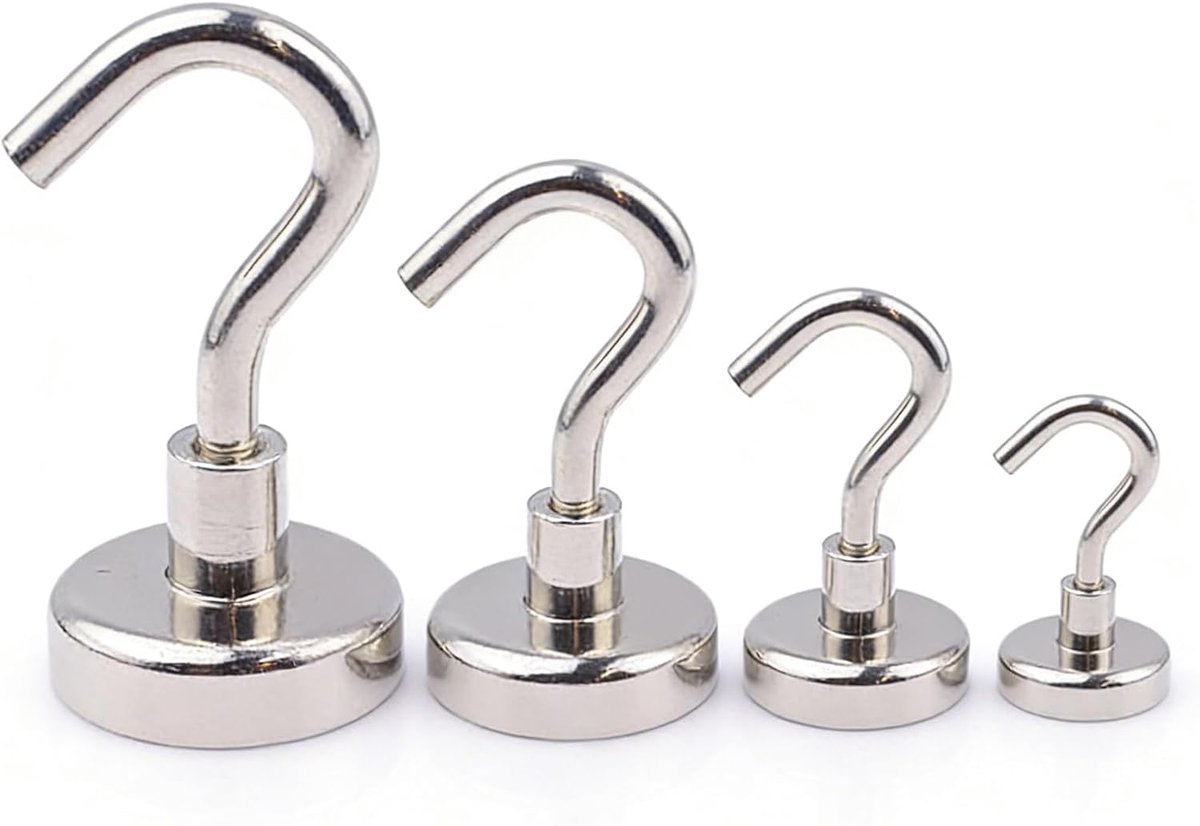 Verpakking met 4 extra sterke neodymium magneethaken, 4 maten, 4/10/24/36 kg, zonder boren, zilveren magneethaken voor keuken, camping, kantoor