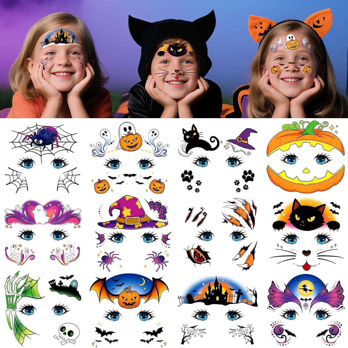 Halloween tattoo, gezicht, 12 Halloween-tatoeages voor kinderen, accessoires voor Halloween, feestdecoratie, cadeau voor kinderen