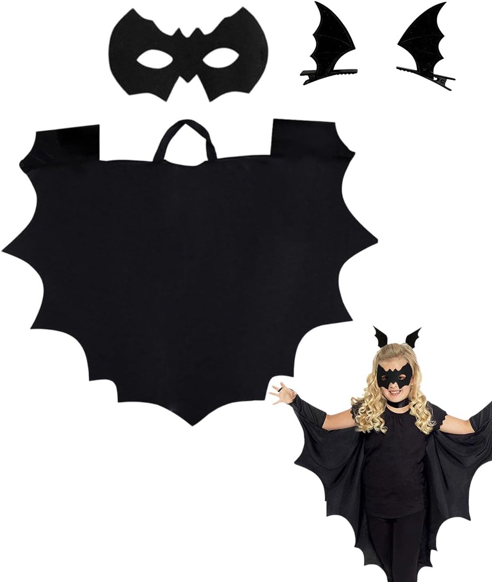 Halloween-kostuum voor kinderen, vleermuis, zwarte jurk met geïntegreerde vleugels, zacht spandex en reflecterende strepen voor veiligheid en comfort, ideaal voor kostuums en theater