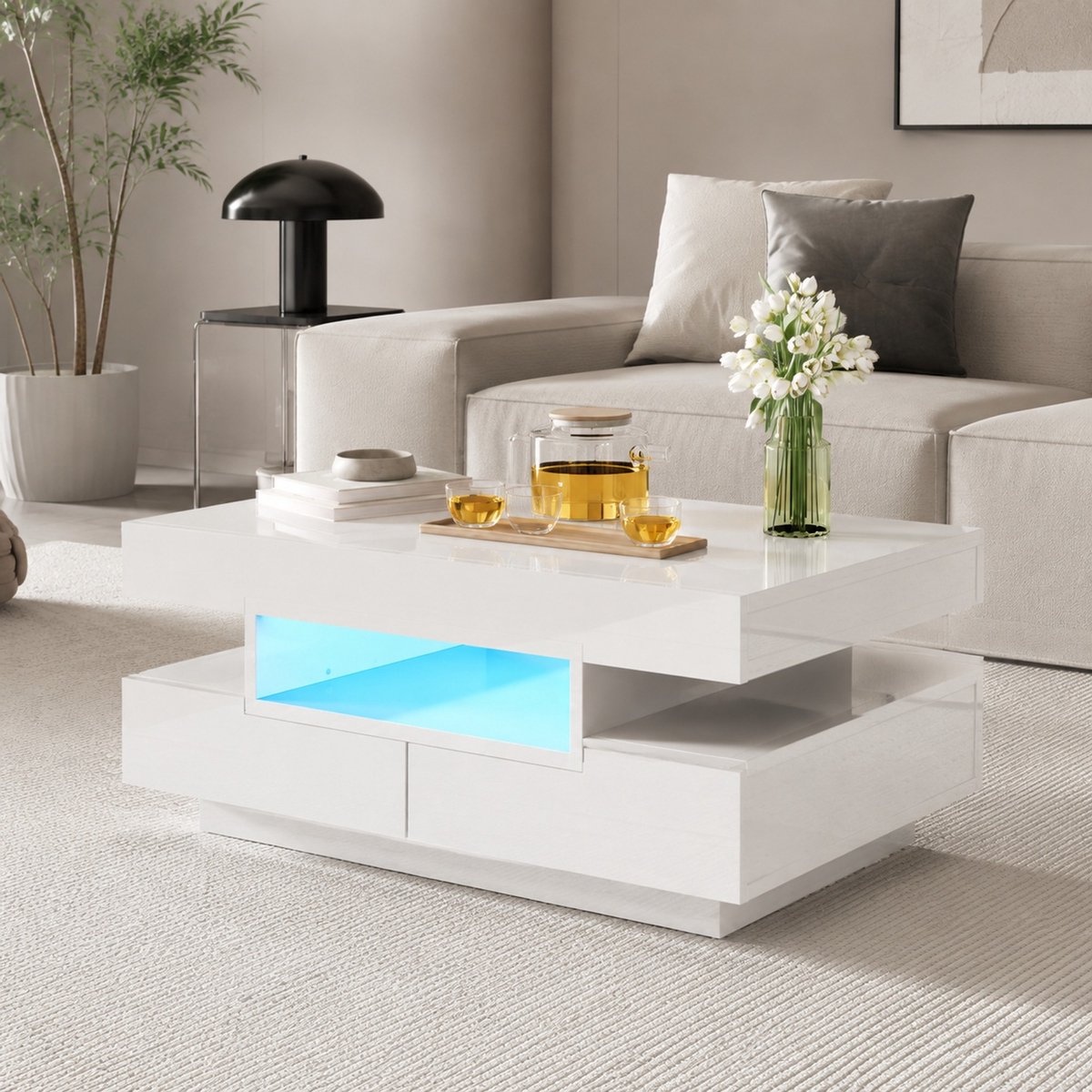 MEUNIQ Salontafel 80 x 50 x 36 cm met LED-verlichting, 4 lades en 3 open vakken, hoogglans wit opbergmeubel voor woonkamer