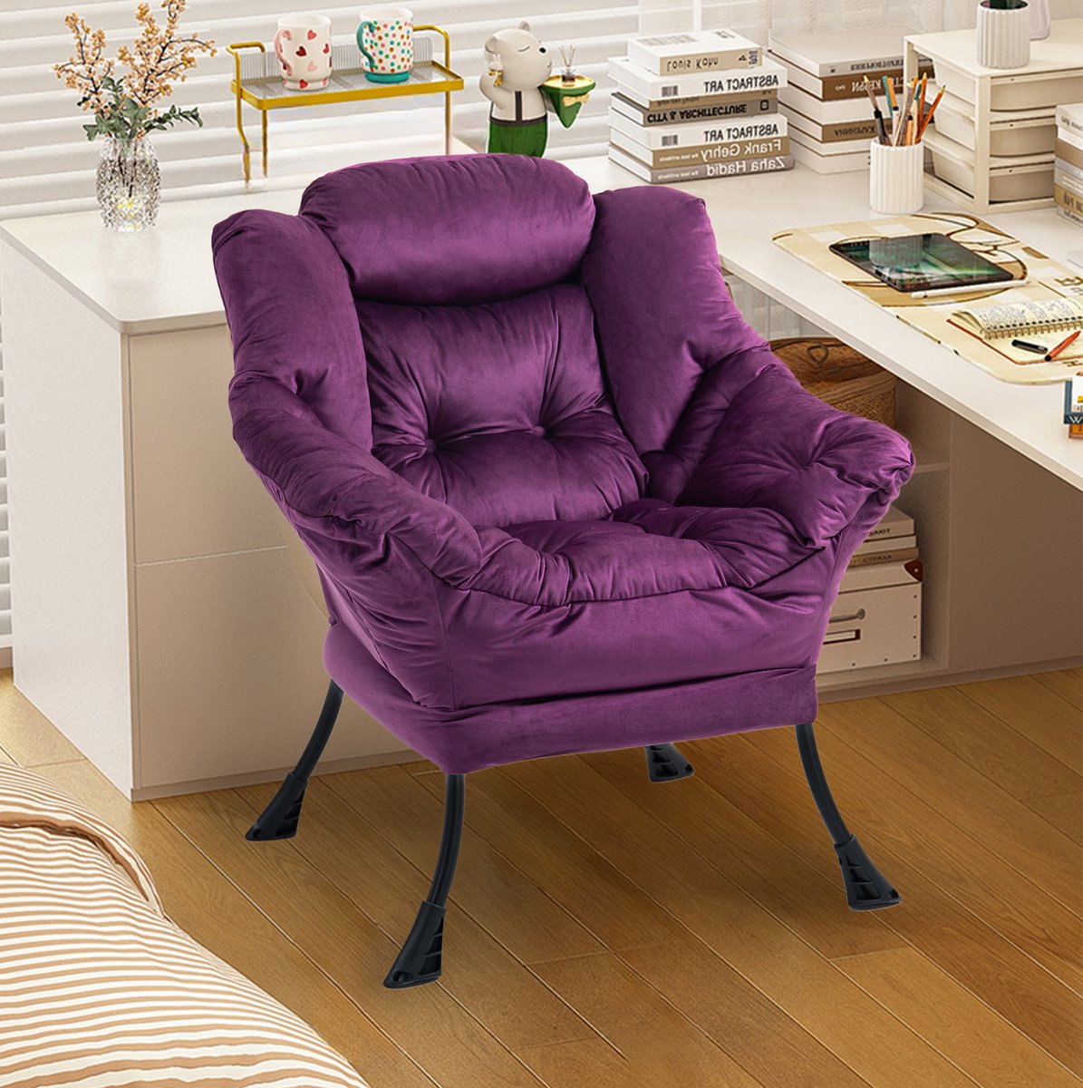 MEUNIQ Fauteuil met metalen frame, fluwelen zitting, armleuningen, hoofdsteun en zijvak – 81 x 95 x 95 cm – Paars