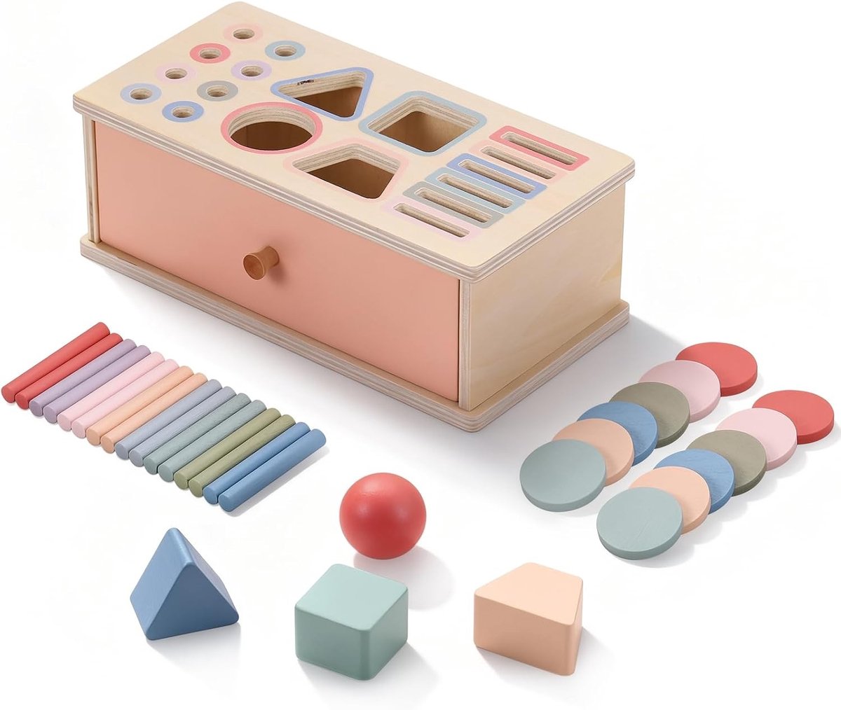 Montessori 3-in-1 Houten Muntdoos en Ballendoos voor Kinderen, Kleurensorteerspel en Educatief Speelgoed voor Verjaardag en Feestdagen