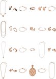 Collage van diverse gouden sieraden van Purelei: kettingen, oorbellen, armbanden en ringen met bloemen- en schelpdetails.
