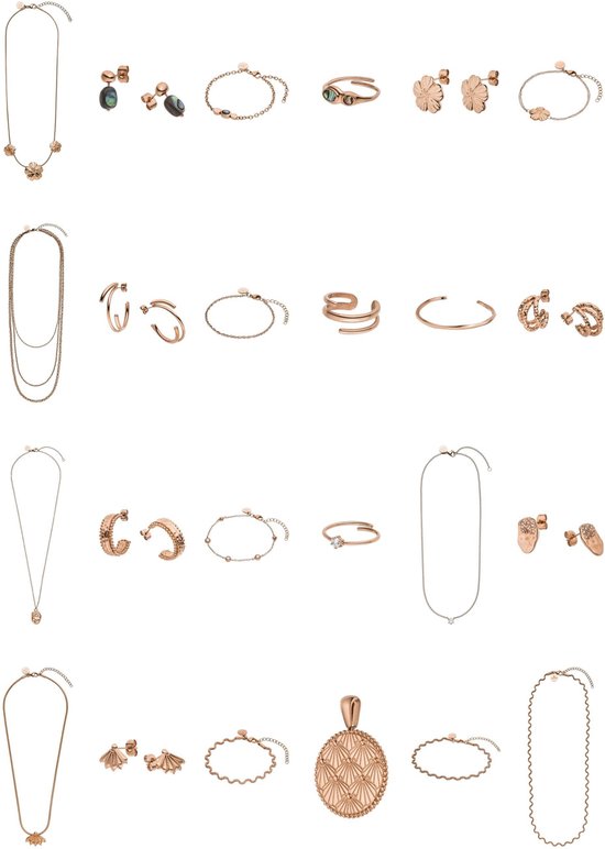 Collage van diverse gouden sieraden van Purelei: kettingen, oorbellen, armbanden en ringen met bloemen- en schelpdetails.