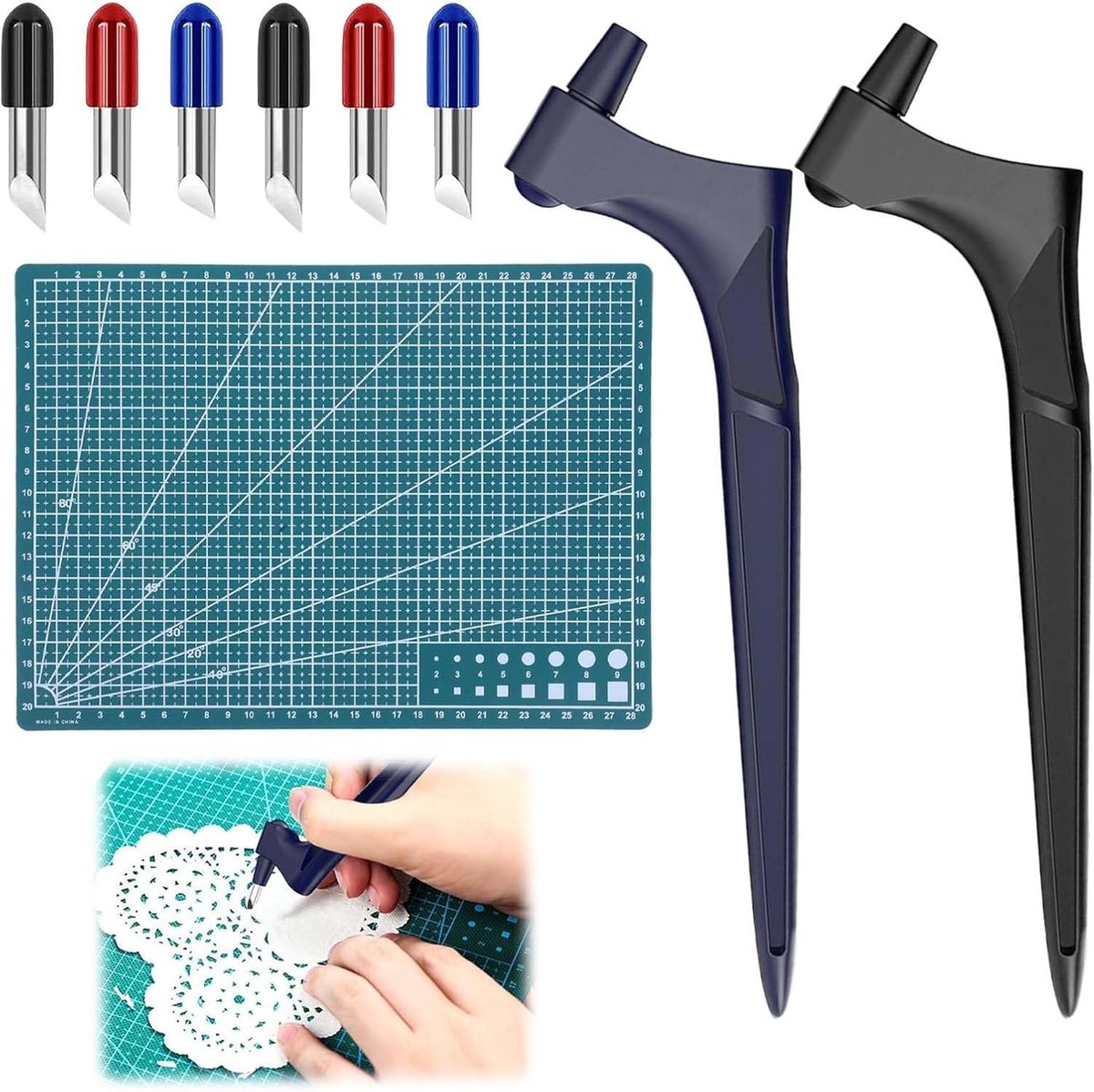 Complete Set van 9 Snijgereedschappen voor Creatieve Projecten - Roestvrijstalen Snijmessen, Draaiende Snijder en Stalen Liniaal voor DIY, Sjablonen en Scrapbooking
