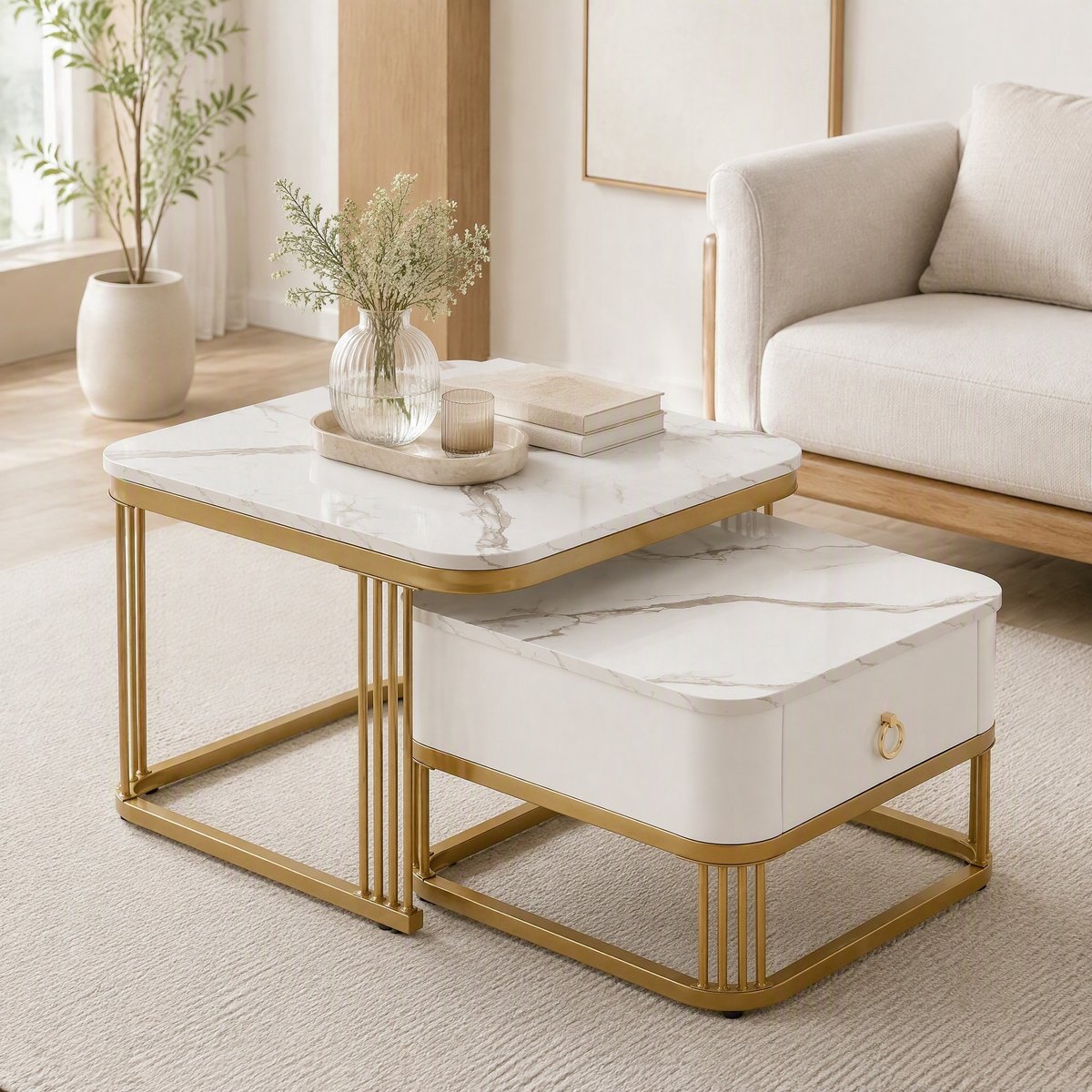 MEUNIQ Salontafel set van 2 - nesting tafels 60 x 60 x 45 cm en 50 x 50 x 34 cm - hoogglans marmerlook - lade - wit en goud - woonkamer