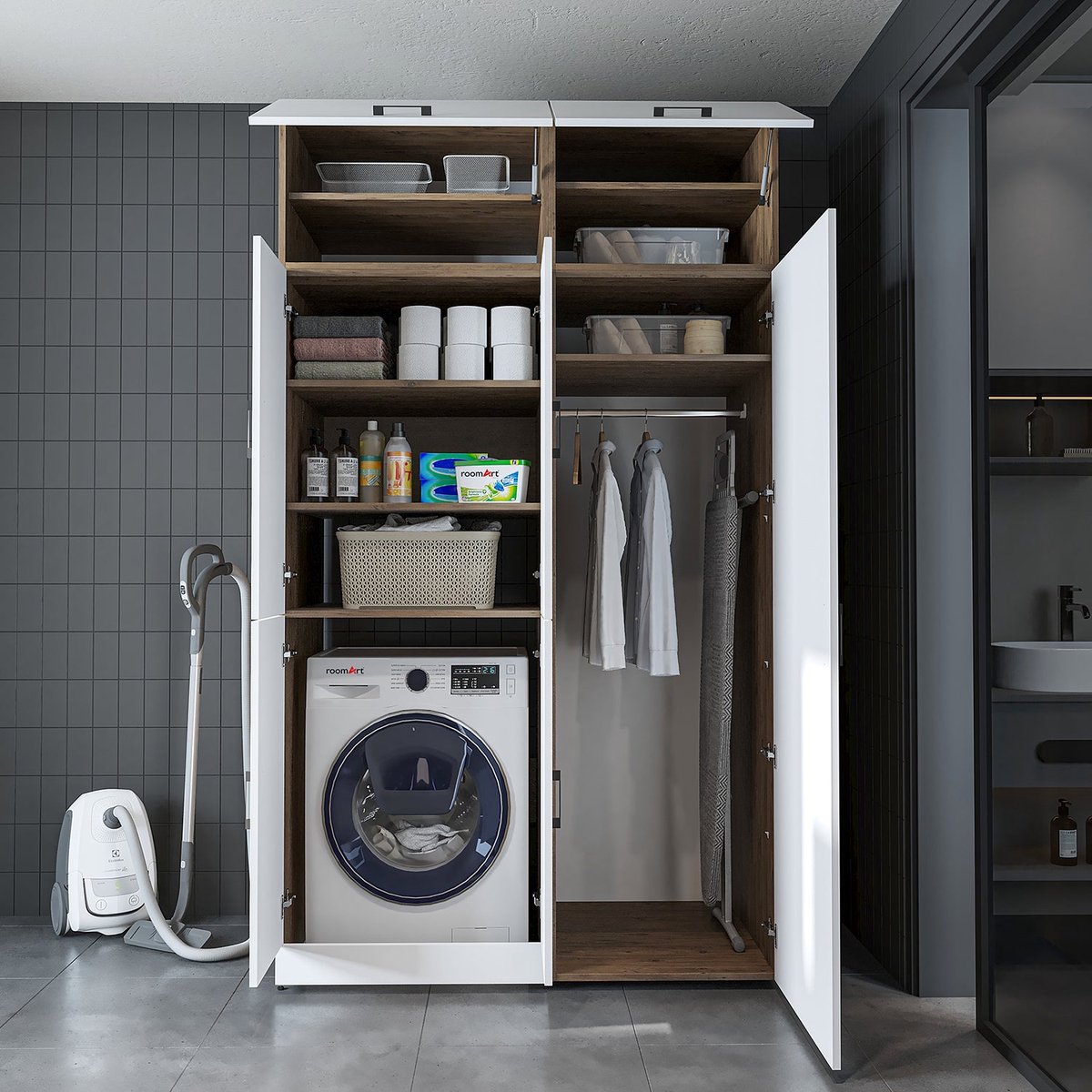 Roomart DORA-II Wasmachine Ombouwkast 130x230 cm met Opzetkast - Wit Eiken