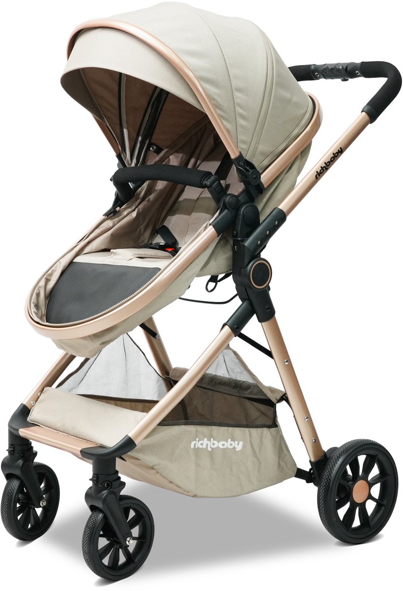MEUNIQ 2-in-1 kinderwagen met reiswieg, omkeerbare zitting, verstelbare zonnekap, eenhands inklapbaar, opbergmand en 5-puntsgordel, 0-36 maanden, abrikooscrème