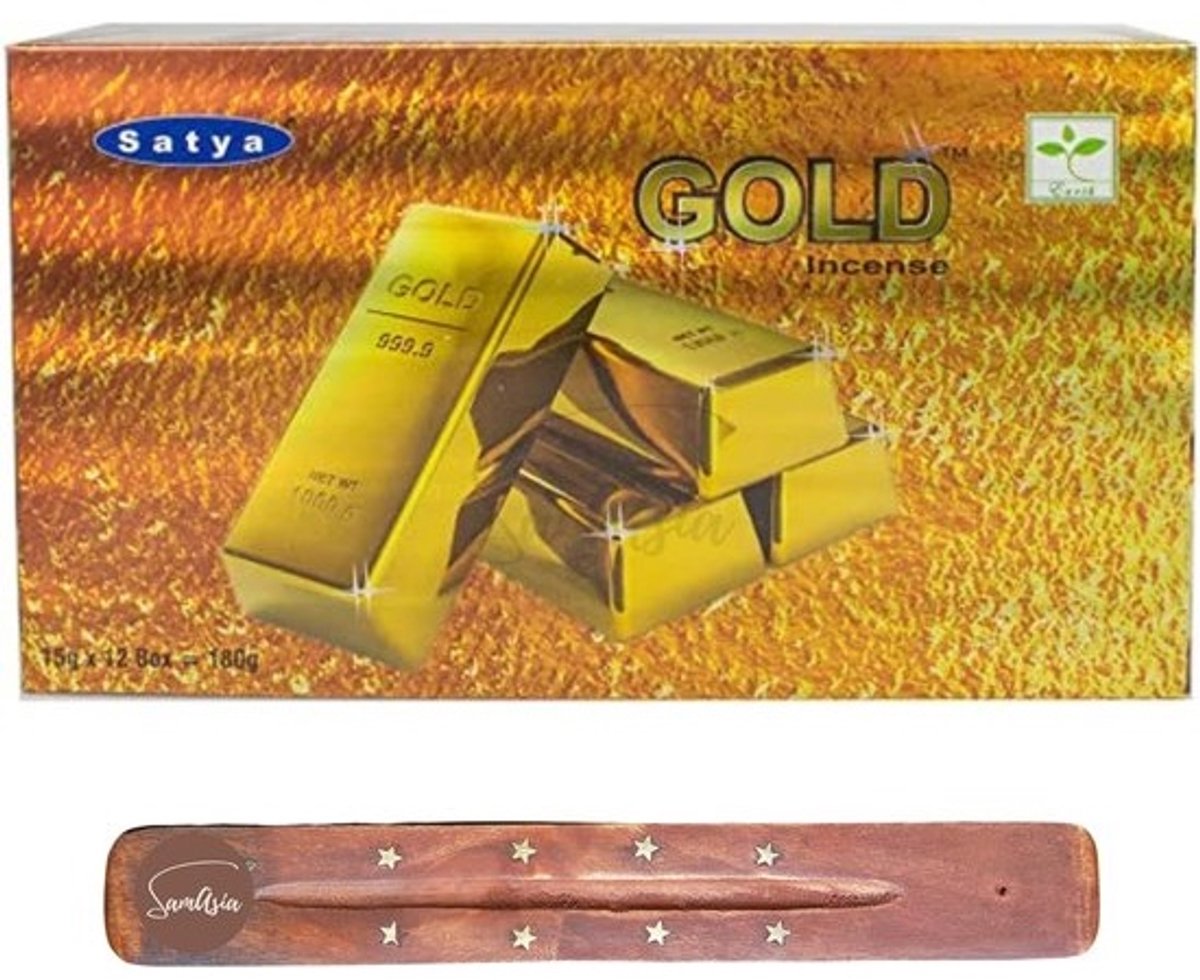 Nag Champa Gouden Wierookstokjes Set incl. Houder | 12 Pak | Yoga, Meditatie & Ontspanning
